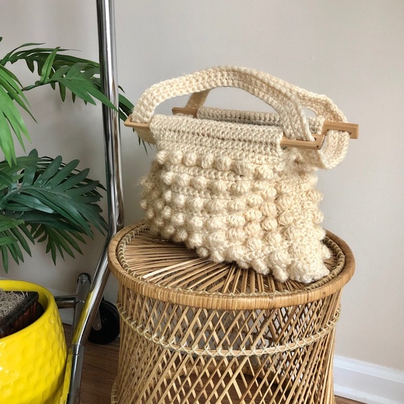 Handbags - Knit Pom Pom Boho Ivory Handmade Handbag Bag